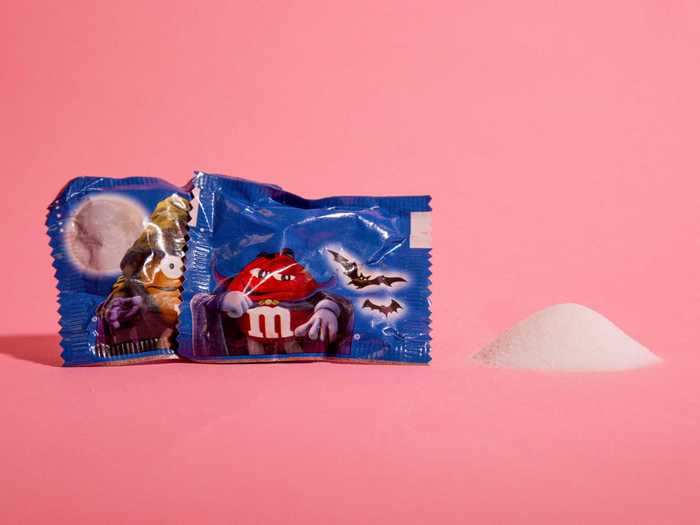 Two fun-size packages of M&Ms contain 3.5 teaspoons of sugar in total.