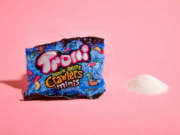 One mini-package of Trolli Sour Brite Crawlers also contains just over 1.5 teaspoons of sugar.