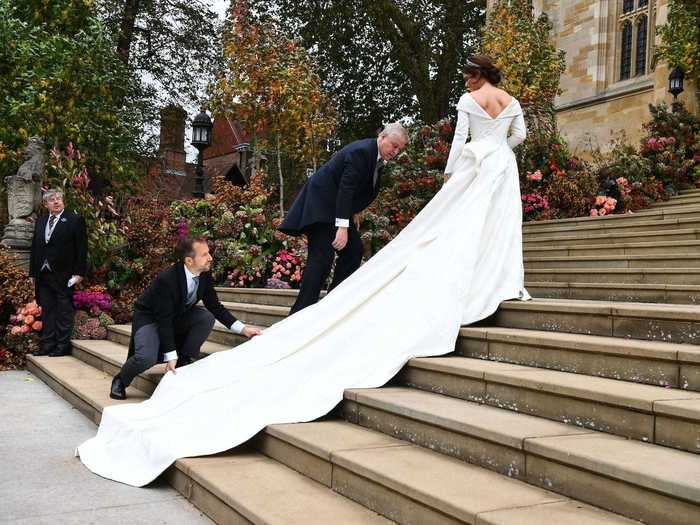 Princess Eugenie opted for a wedding dress by Peter Pilotto and Christopher De Vos. This photo of the princess on the chapel step shows off the gown