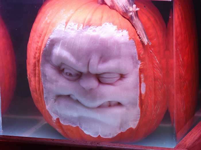 This growling pumpkin is preserved in vinegar while on display at the "Rise of the Jack O