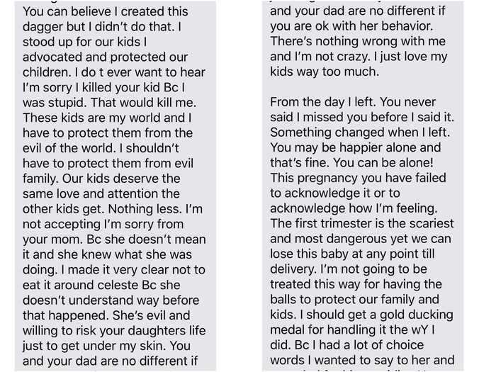 August 4, 2018, 12:45 a.m.: Shanann sends her husband a long text message accusing him of failing to stand up for her after his parents exposed their daughter Celeste to nuts, which she was allergic to.