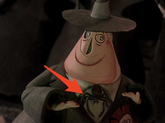 The Mayor of Halloween Town wears a black widow as a bow tie.