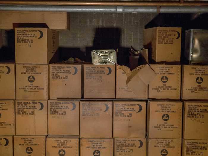 Survival supplies were stacked and stored in the basement.