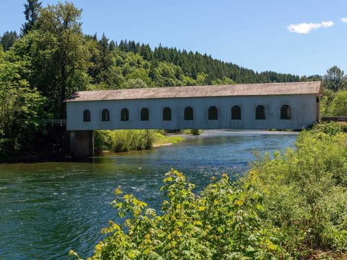 Goodpasture Covered Bridge near Vida, Oregon, is famous for its louvered windows.