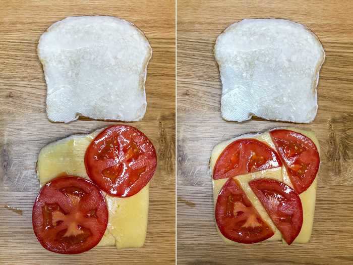 Gaines says to slice the tomato thin and use two slices per sandwich, but I