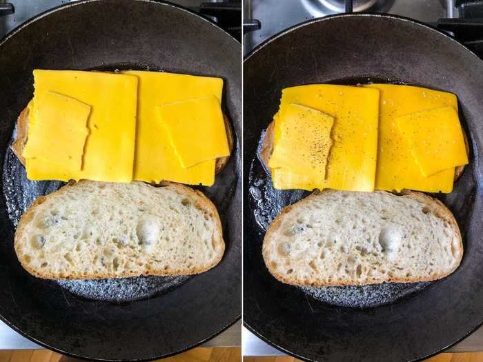 Next, I layered my cheese on one of the bread slices before adding salt and pepper.