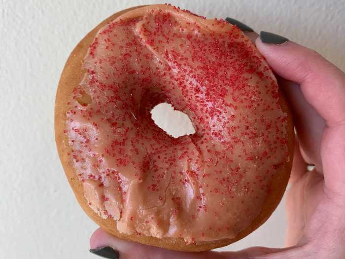 Even close up, the donuts look pretty traditional: pink with red sprinkles. I could definitely see someone taking a bite without realizing what flavor it is.