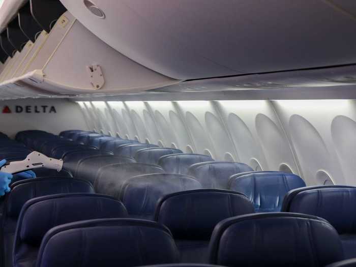 Delta fogs aircraft before every single flight, in addition to physically wiping and cleaning surfaces.
