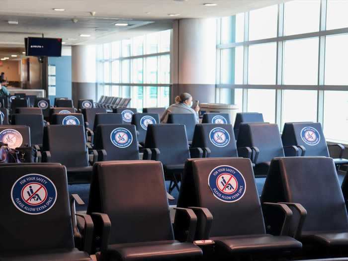 Every seating area in the terminal also has seats blocked off for social distancing.