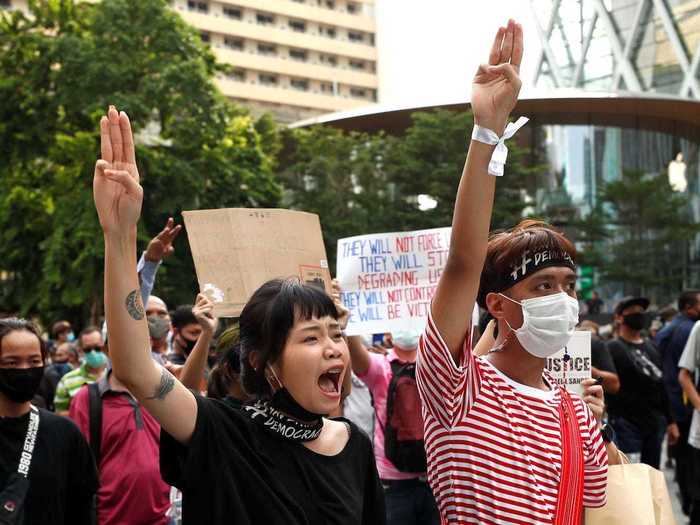 The main symbol used by protesters has been the three-finger salute, similar to the one used in the popular film franchise "The Hunger Games."