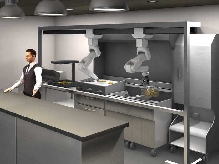 The design was created to assist busy cooks in a quick-service kitchen, installed under a kitchen hood to move along equipment while staying out of the staff