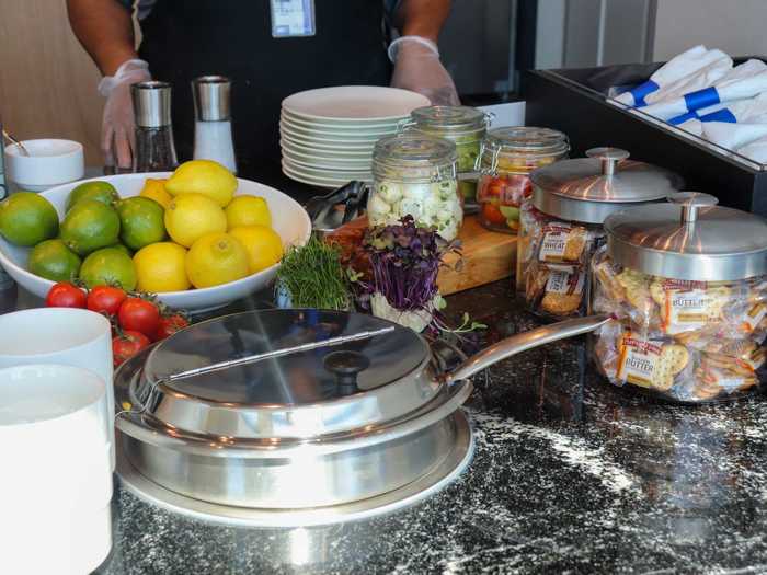 Normally self-serve, lounge staff now serve patrons to avoid crowding in the area. First on the menu during our visit was soup, with two options including a farro soup and chicken broth with butternut squash crostini.