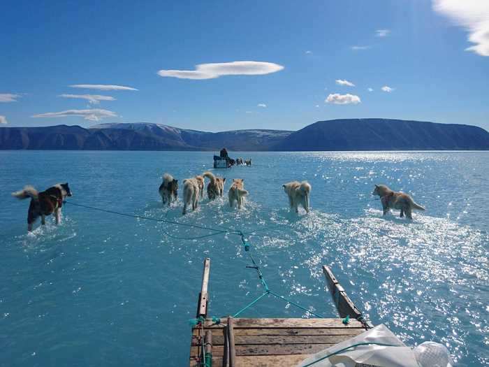 Melting land ice goes into the ocean, where it causes sea levels to rise.