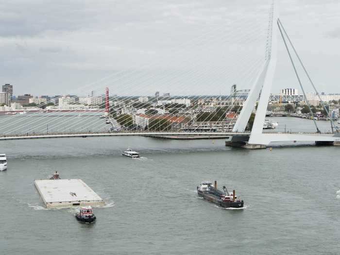 The floating foundations was actually completed in Zaandam, and had to be towed nearly 50 miles to its new spot near Rotterdam.