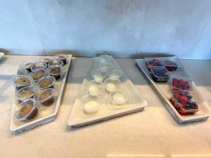 Muffins, hard-boiled eggs, and fruits. It