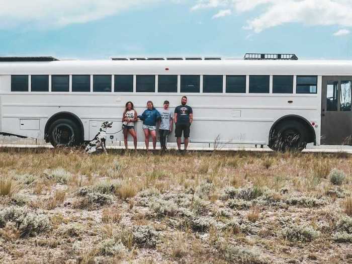 Mike and Tawny McVay live in a converted school bus with their two teenagers and 130-pound dog.