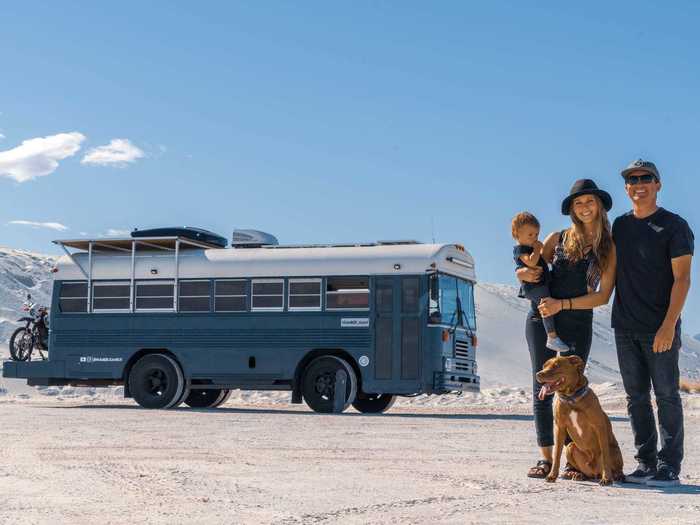 Will and Kristin travel the US year-round in their 180-square-foot converted bus with their daughter and dog.
