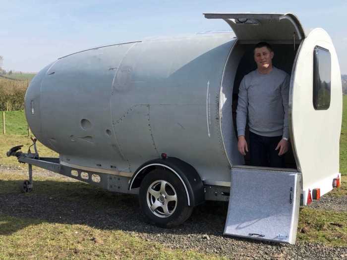 Stay-at-home dad Steve Jones has transformed a hollowed-out jet engine into a camper trailer for his family in Lancashire, England.