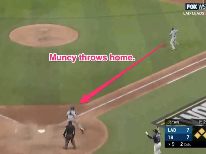 Taylor eventually was able to gather the ball and threw a bullet into his cut-off man, Max Muncy, who turned to throw home to stop the game-winning run from scoring.