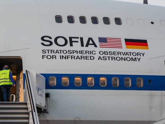 Both an American and German flag flies on the aircraft as NASA and the German Aerospace Center jointly operate the plane.