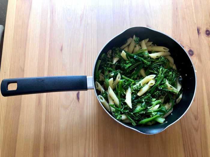 After 12 minutes were up, I drained my pasta and put the penne back into the same pot so I could mix it with the broccolini.