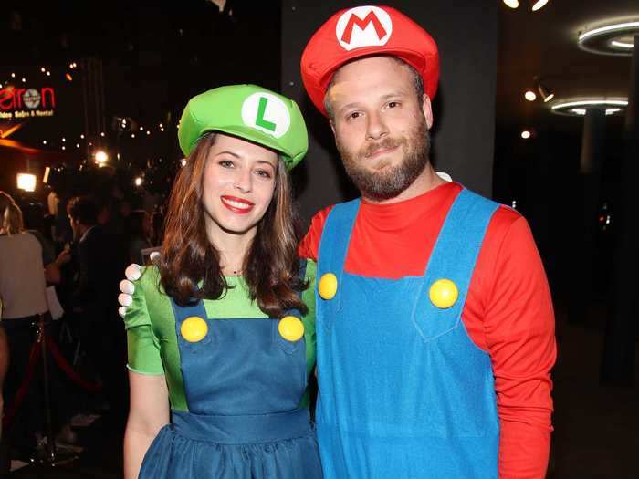 Seth Rogen and wife Lauren Miller dressed as Mario and Luigi.