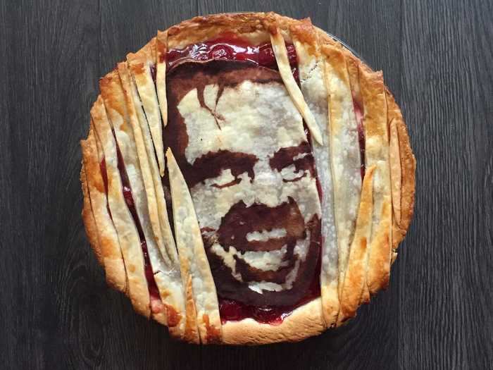 As a huge fan of Halloween, she takes inspiration from her favorite scary movies. This pie shows an iconic scene from "The Shining."