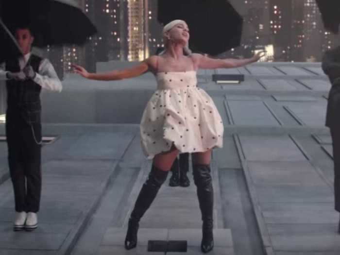 Grande went to new heights in a custom dress for the "No Tears Left to Cry" video.