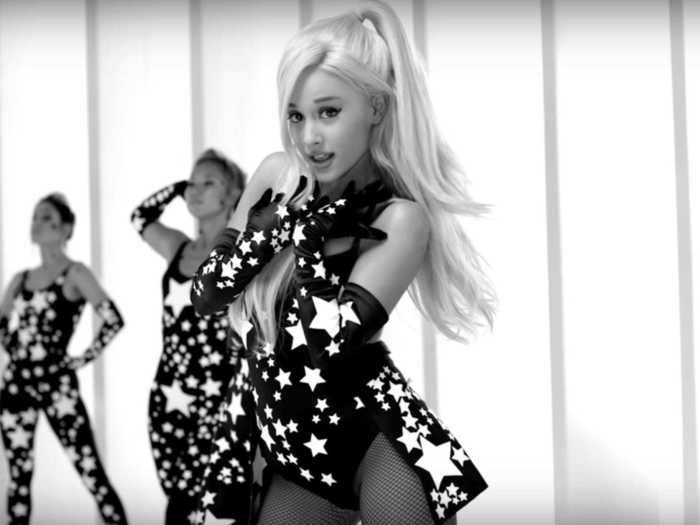 Grande shined in a black-and-white star-print leotard in other shots of the "Focus" video.