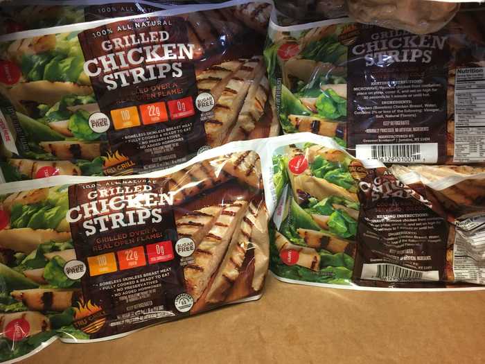 These grilled-chicken strips are fully cooked and ready to eat.