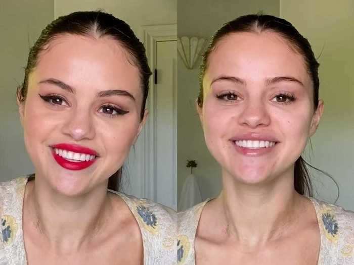 Selena Gomez showed her natural skin at the start of a Vogue makeup tutorial.