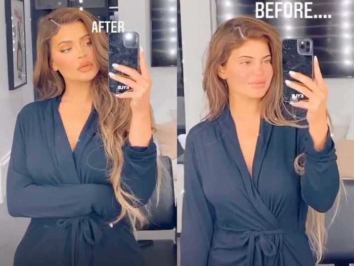 Kylie Jenner shared before-and-after selfies while doing her makeup.
