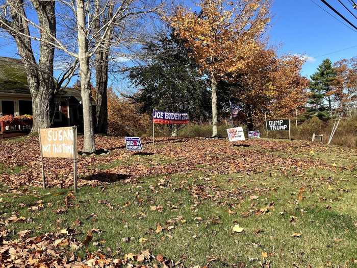 In Cushing, an elaborate display includes both a "Veterans against Trump" and "Dump Trump" sign.