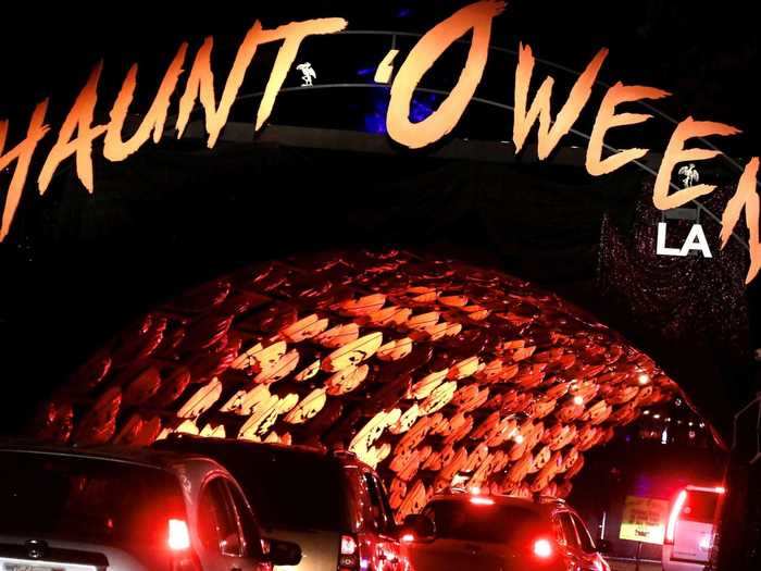 The Haunt-o-ween drive-thru snakes through a mall parking lot in Los Angeles, and includes this spooky tunnel.