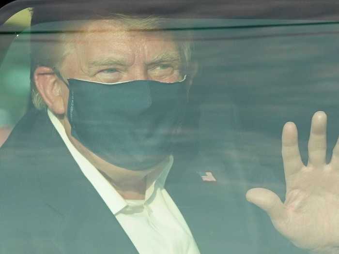 13. Three days after being hospitalized, the president left Walter Reed hospital via a presidential motorcade in a move that was considered "irresponsible" by health experts. Trump was pictured sitting behind a Secret Service agent in the back of a car wearing a mask as he waved to his supporters.