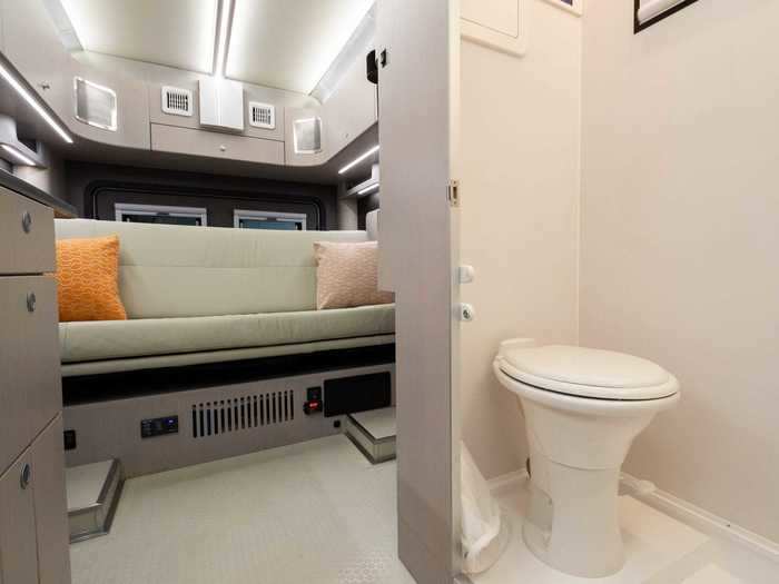 The interior also has a Sonos sound system and a TV for extra entertainment inside the tiny home on wheels.