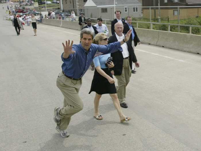 John Kerry dashed past reporters in a 2004 Fourth of July parade in Cascade, Iowa.