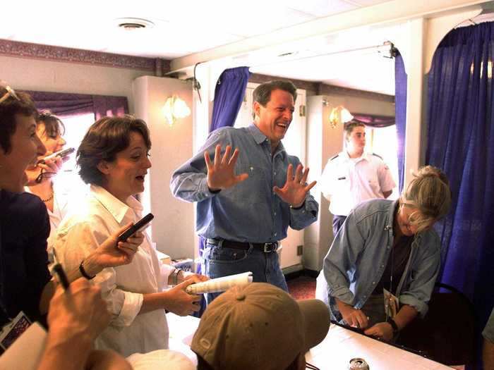 During a campaign trip along the Mississippi River in 2000, Al Gore joked around with his press pool.