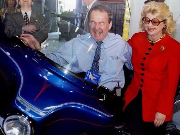 Republican Pat Buchanan tried out a Harley-Davidson motorcycle in 1996 during the Republican primaries.