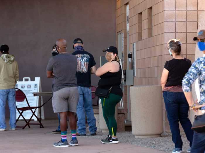 Voters lined up on the last day of early voting at Miller Golf Links Library in Tucson, Arizona, on October 30, 2020.