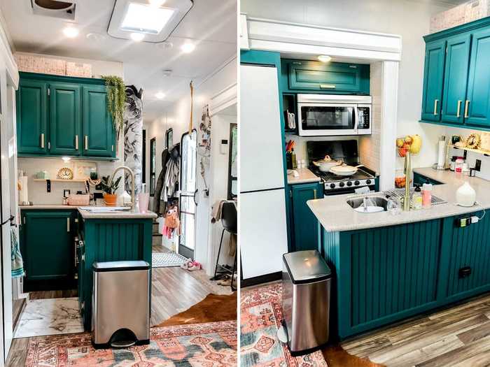 For instance, the kitchen features statement teal cabinetry and full-sized appliances.