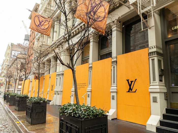 Louis Vuitton first debuted its signature boarded up windows early in the pandemic, when stores closed due to COVID shutdown.