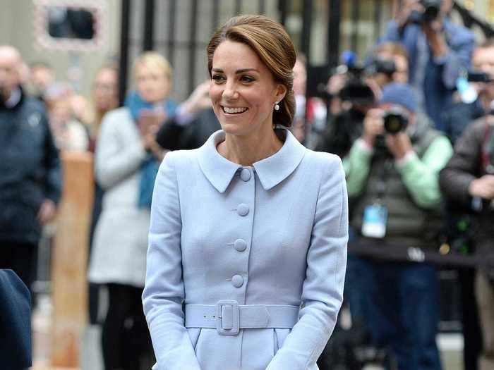 Middleton arrived in the Netherlands for her first solo royal tour in a Catherine Walker suit.