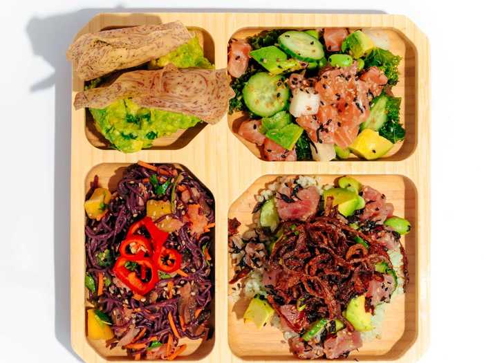 Finally, Sweetfin is selling the $20 bento box. The four-part meal includes spicy tuna with bamboo rice, yuzu salmon with citrus kale, chile ginger noodles, and a yuzu truffle avocado dip served with taro chips.