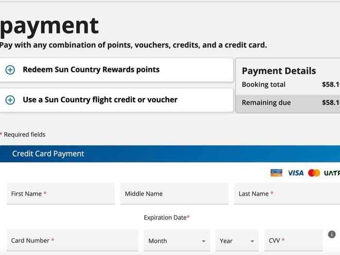 Scroll down to the "payment" section, and select "use a Sun Country flight credit or voucher."