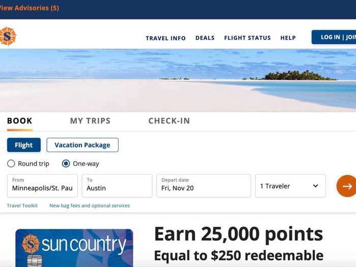 Sun Country Airlines: Start by searching for a flight as you normally would from the airline