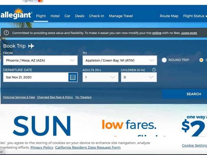 Allegiant Air: Start by searching for a flight as you normally would from the airline