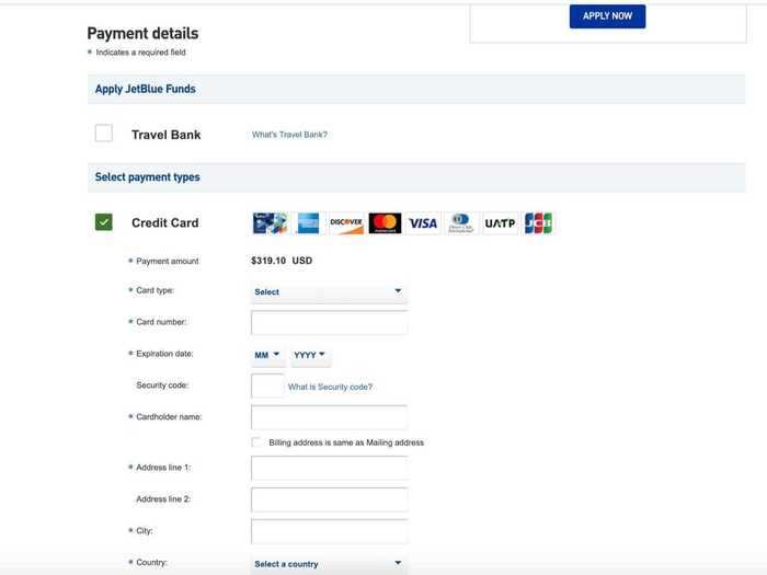 Scroll down to "payment details" and find "apply JetBlue funds" just above the credit card section.