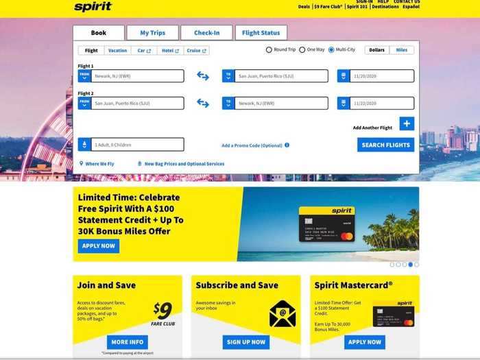 Spirit Airlines: Start by searching for a flight as you normally would from the airline