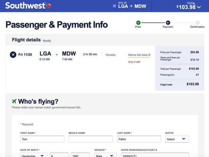 The "passenger & payment info" page is where you